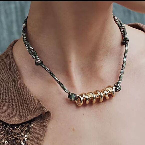 New Zara Chic Gold and Olive Modern Cord Necklace - Picture 1 of 10